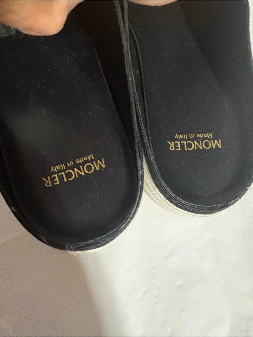 Moncler Black Leather Slip-On Loafers with White Sole